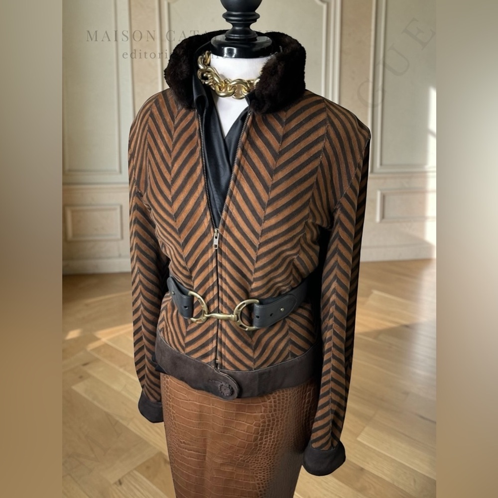 Dennis Basso Vintage Mink & Lamb Suede Shearling Chevron Piecework Jacket
